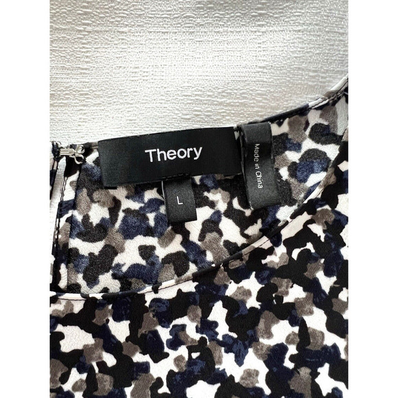 Theory Straight Shell Blouse Top Womens Size L Black White Painted Dot Office - Picture 3 of 6